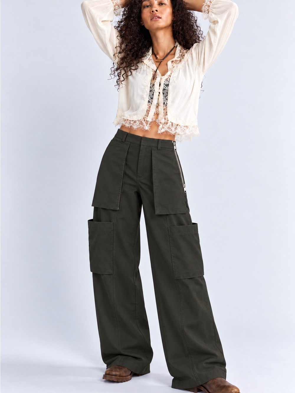 Zara ZW Collection Wide Leg Zipper Cargo Pants Size A